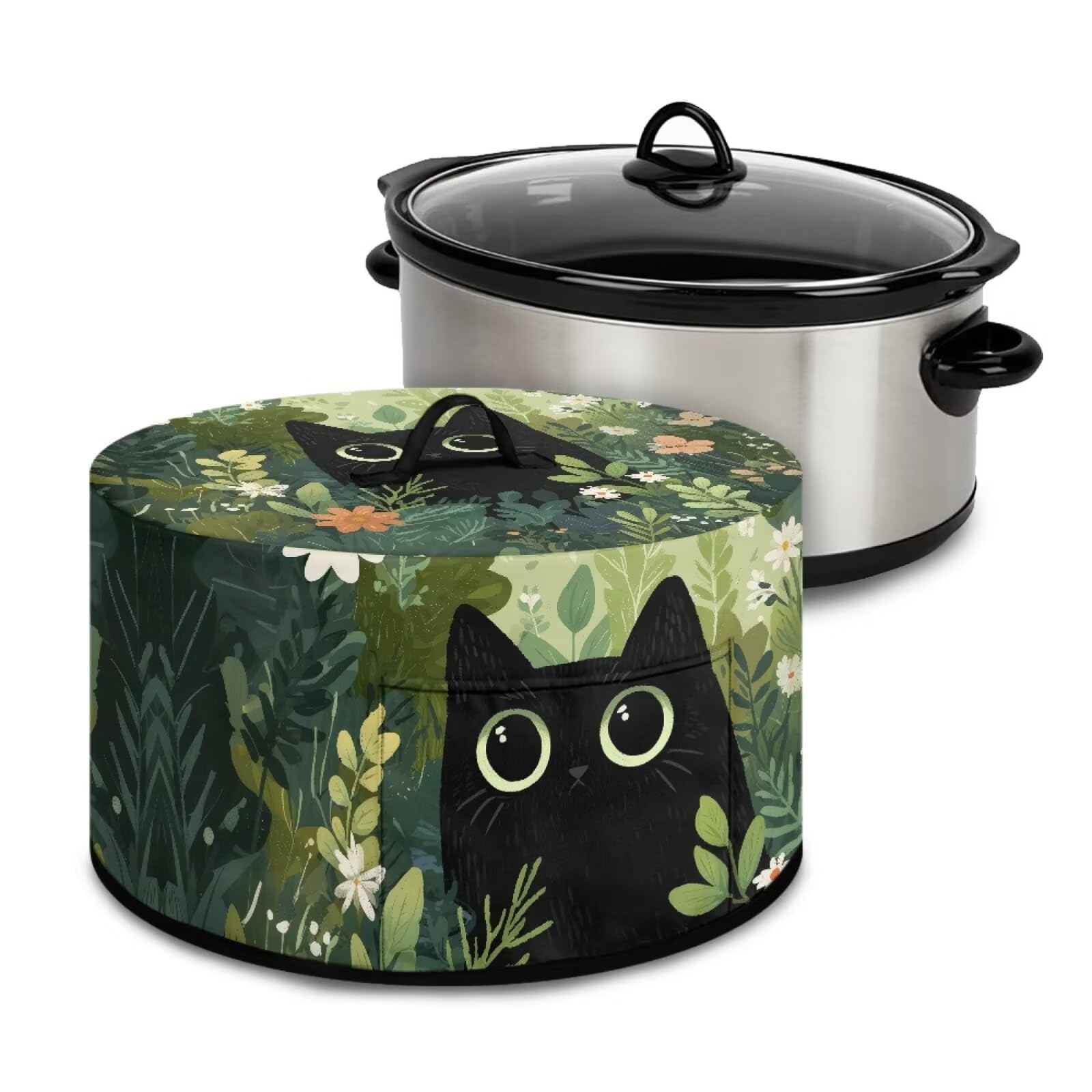 Cartoon Cat Leaf Green Print Oval Slow Cooker Dust Cover with Storage Pocket for Extra Accessories Stain Resistant Cover for Most 6/7/8 Quart Electrical Air Fryer Appliances-image-7