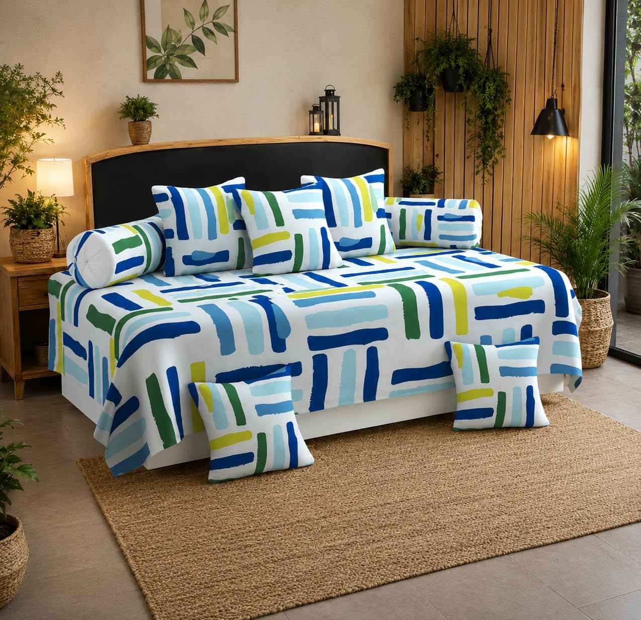 Cotton Diwan Set 8 Piece with Single Bedsheet, Bolster & Cushion Covers (Criss Cross Lining Diwan Set)-image-16