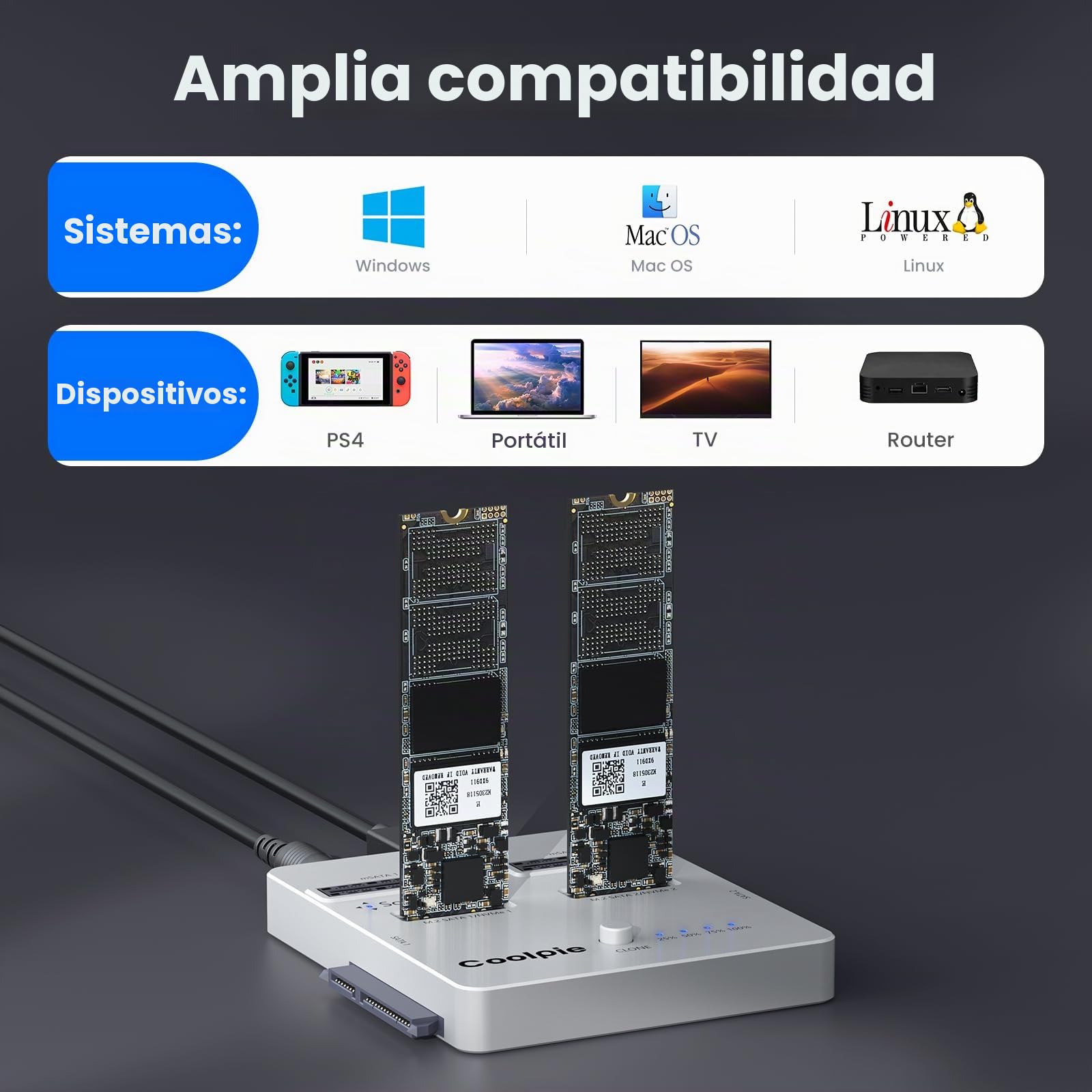 Coolpie Duplicador NVMe/SATA 3 en 1: USB 3.2 Gen 2x2, Aluminio, Plateado