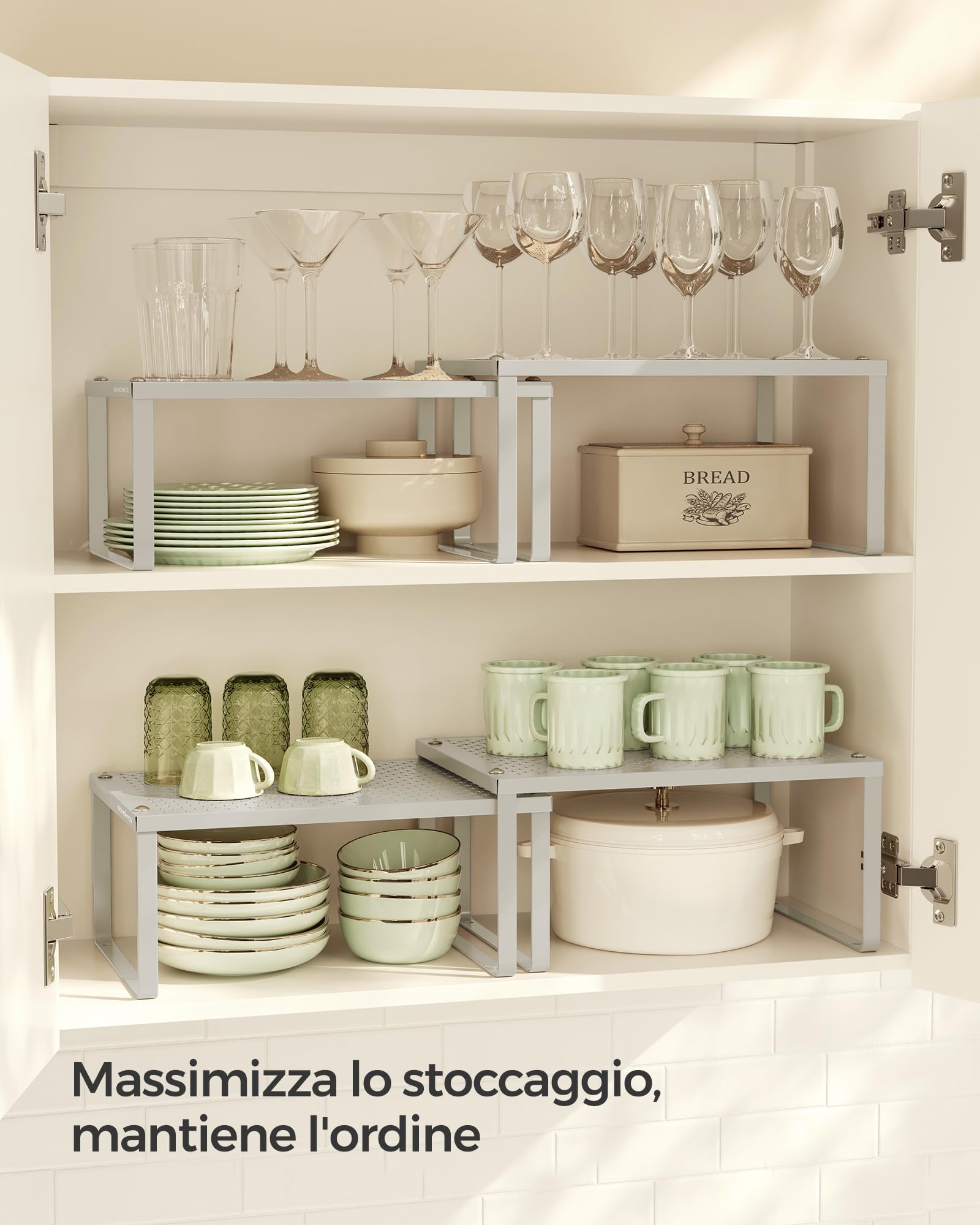 SONGMICS Scaffale Portaspezie, Set di 4 Organizzatori da Cucina Espandibili, Scaffale da Cucina Impilabile, Metallo, Beige Avena KCS006K01