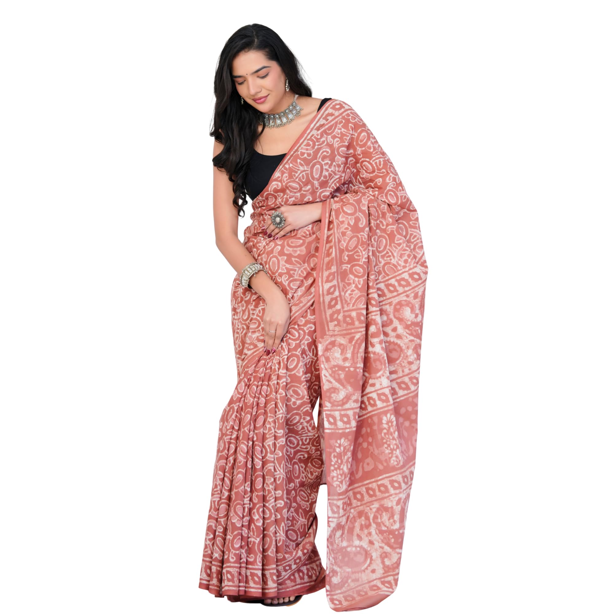 Women Cotton Mulmul Hand Block Printed Saree with Unstitched Blouse Piece | Lightweight Cotton Saree (5.5 M Saree, 0.8 M Blouse) TBPA0097-image-5