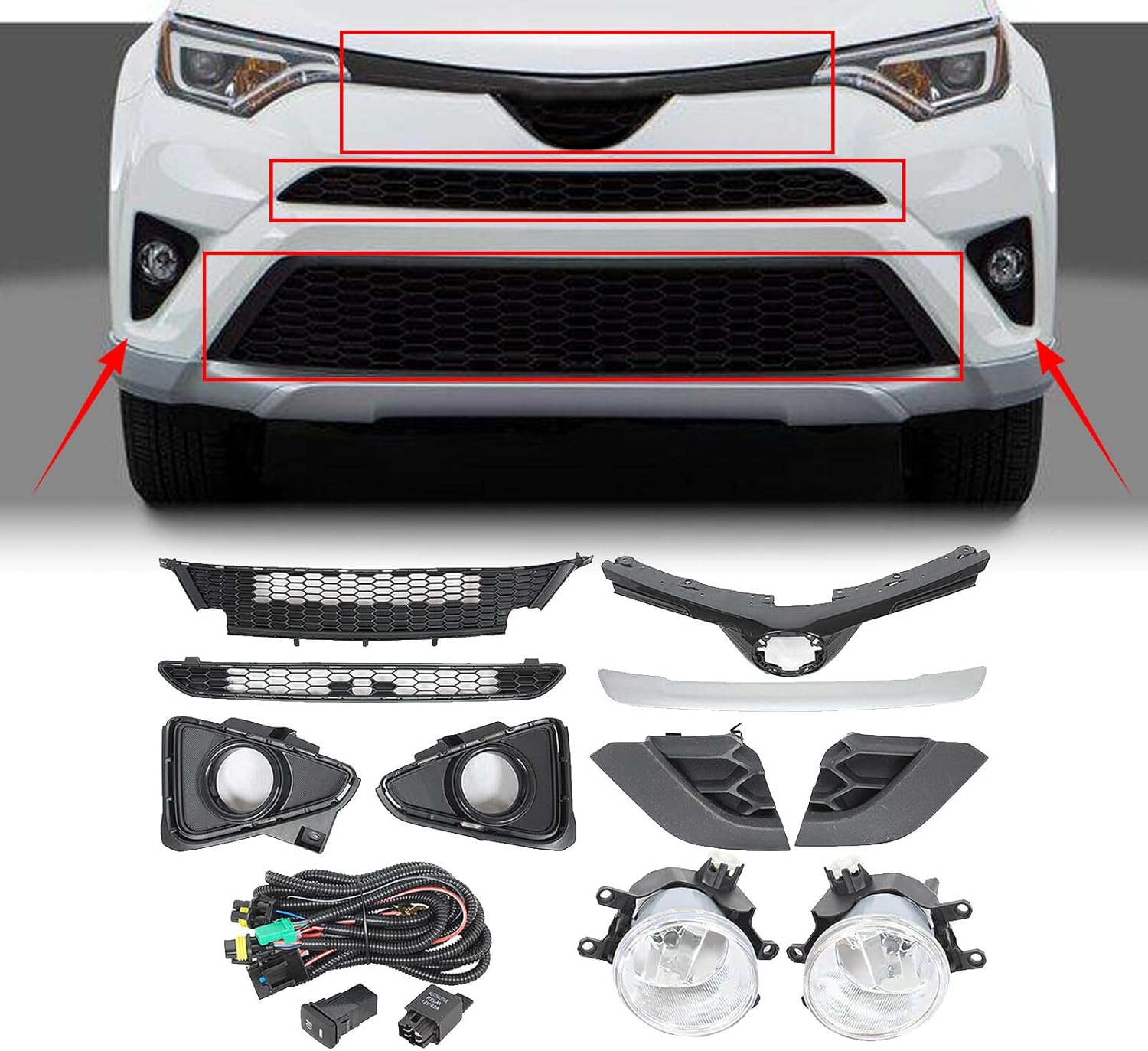 JX RACING Bumper Grille Kit Compatible with Toyota RAV4 SE 2016 2017 2018 Front Upper Middle Lower Grill & Towing Cover & Fog Lamp Cover with Bulb & Front Bumper Lower Apron 8PCS TO1036200 520300R030