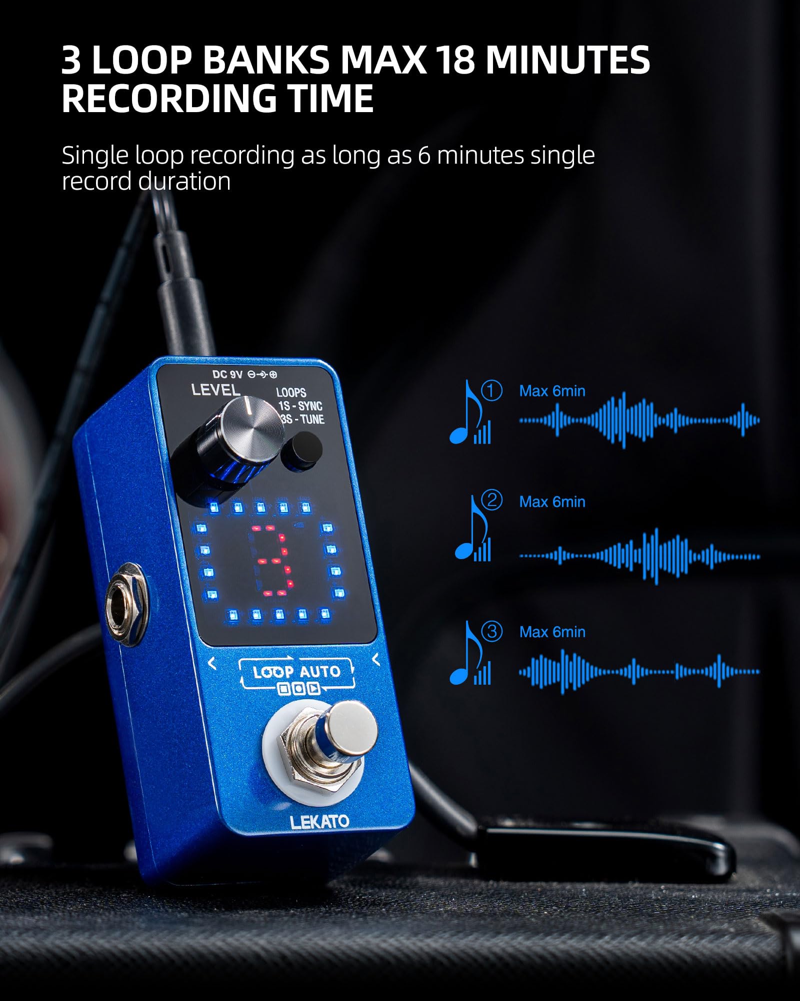 LEKATO Pedal Looper de guitarra, con adaptador de fuente de alimentación de 9 V 0,6 A, pedal de bucle de efecto con función de sincronización y afinador, pedal Looper para guitarra eléctrica, 3 bucles
