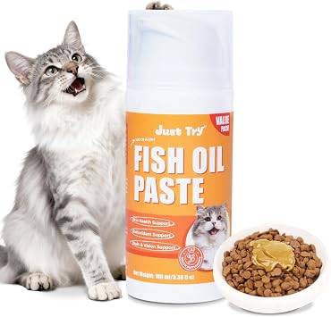 Just Try 3.38 Fl Oz Fish Oil Paste Salmon Oil & Cat Vitamins for Indoor Cats, Omega-3 Supports Skin & Coat Health, Chicken Flavor | Fish oil, barley grass, psyllium. Omega-3 & Omega-6 for coat & skin. Soft puree, easy feed. Natural daily supplement.