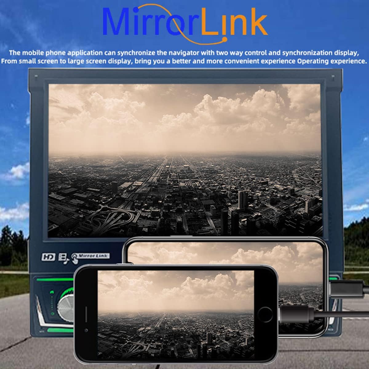 Car stereo screen mirroring a smartphone display