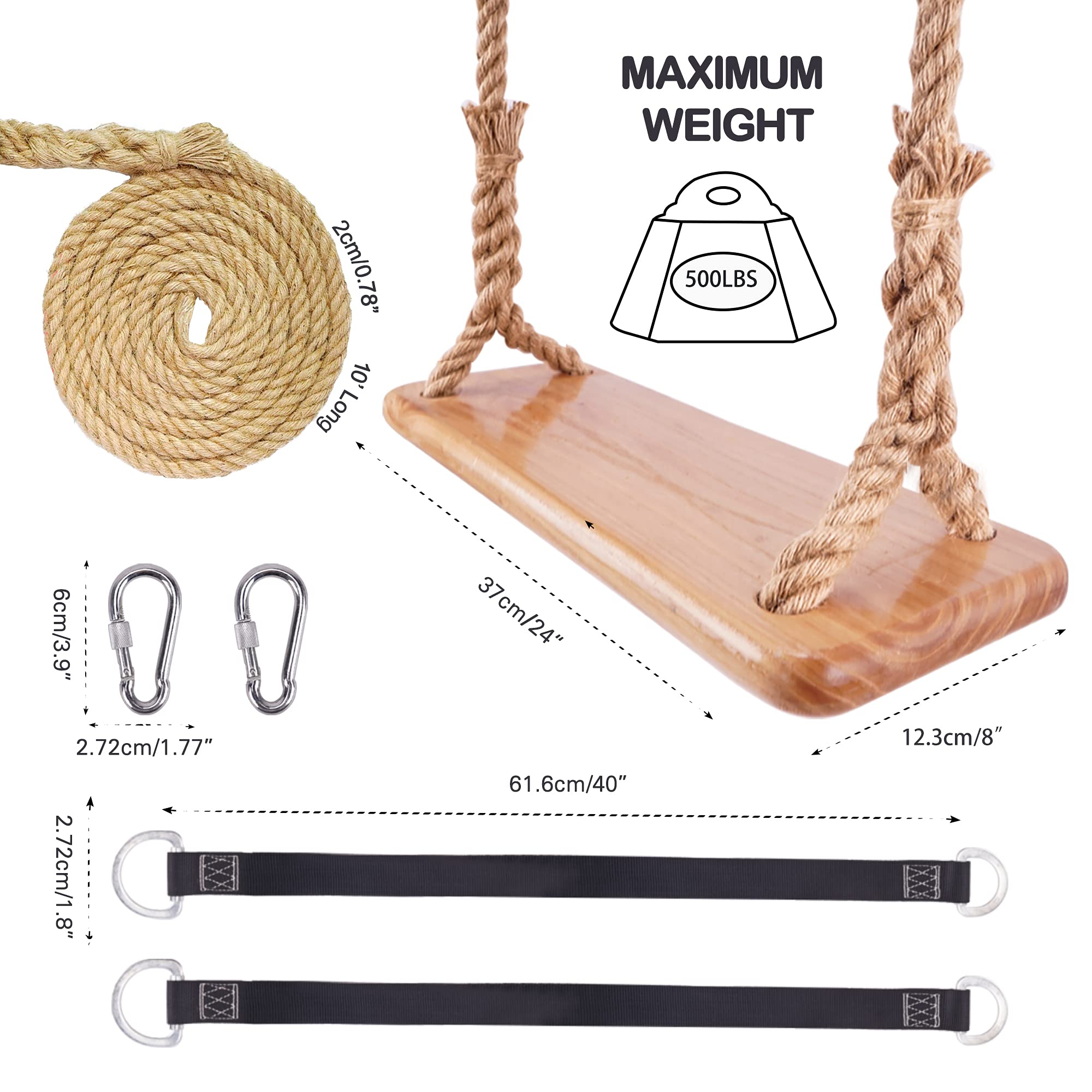 Premkid Hanging Wooden Swing,Swing Seat 24"x 8",Adjustable Hemp Rope Plus Tree Straps 80 inch,Tree Swing for Adults,Rope Swing for Tree,Wooden Porch Swing Sets for Backyard,Indoor & Outdoor