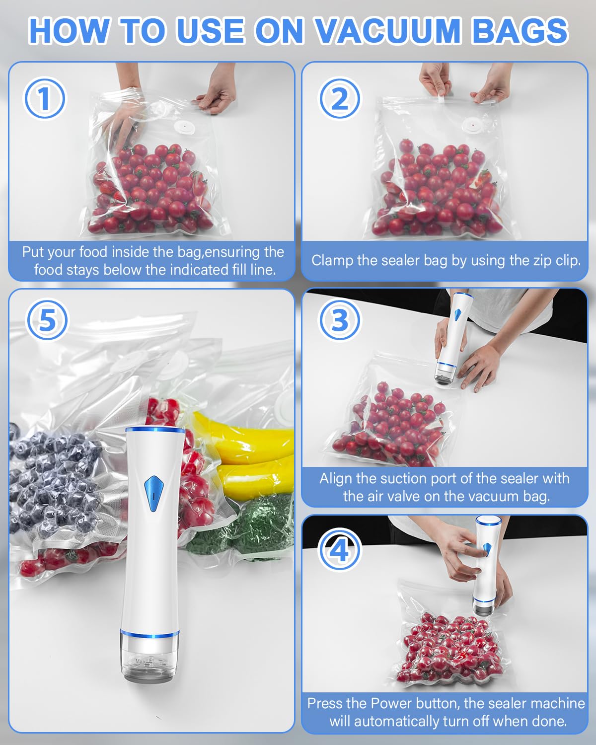 Macchina per sottovuoto compatta per alimenti (macchina per sottovuoto + sacchetti sottovuoto riutilizzabili), potente macchina portatile per sottovuoto per alimenti, salva pasti per la freschezza
