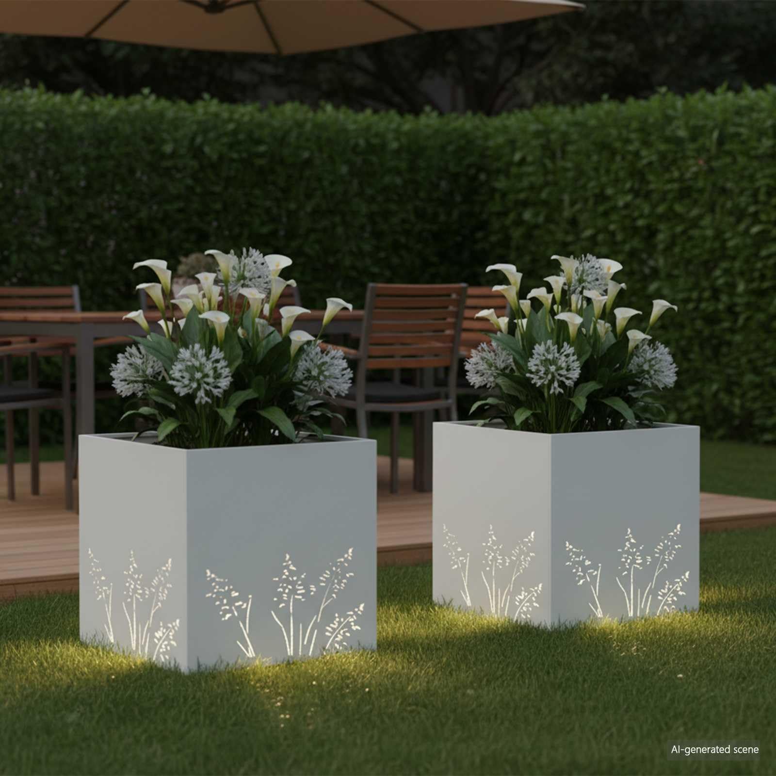Juego de 2 maceteros de metal blanco para jardín, 50 x 50 x