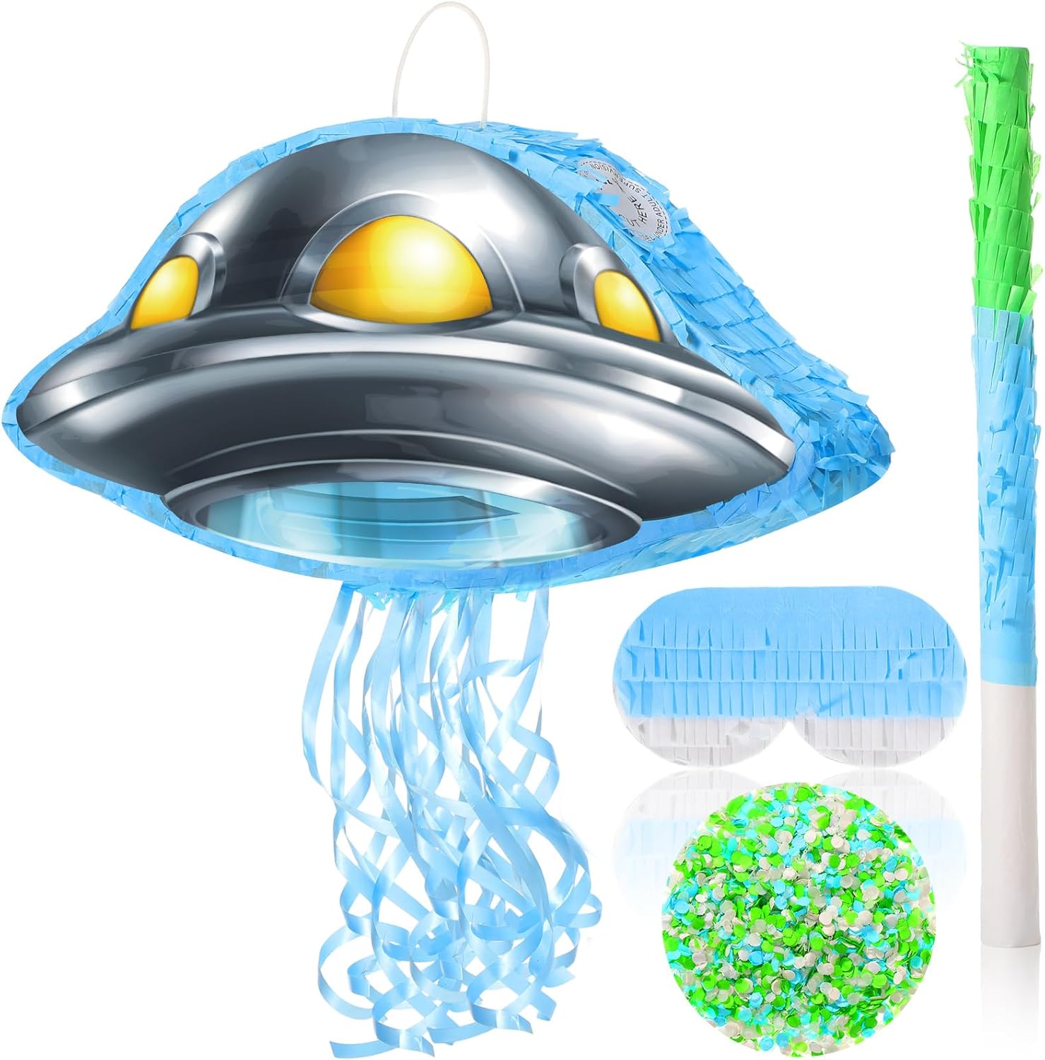 Janlaugh Alien Pinata with Bat Stick Blindfold and Confetti, Spacecraft Piñata Party Decoration Spaceship Themed Halloween Birthday Party Favor Supplies(Spaceship)