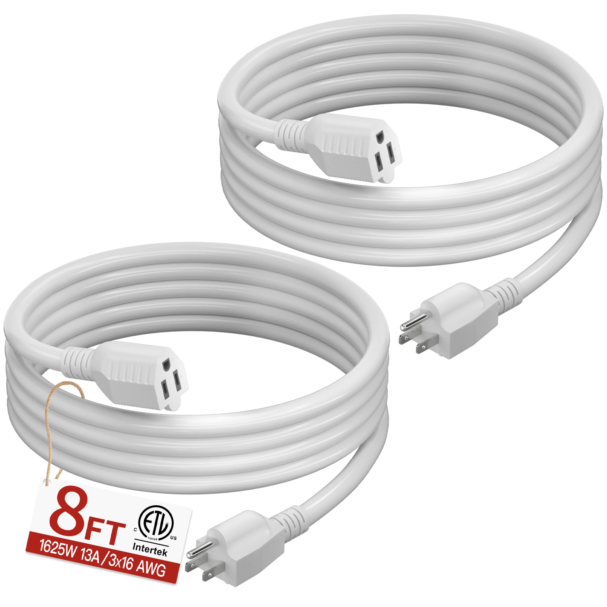 Skrizcable 16/3 Short Extension Cord 8FT 2Pack, White Extension Cord Indoor