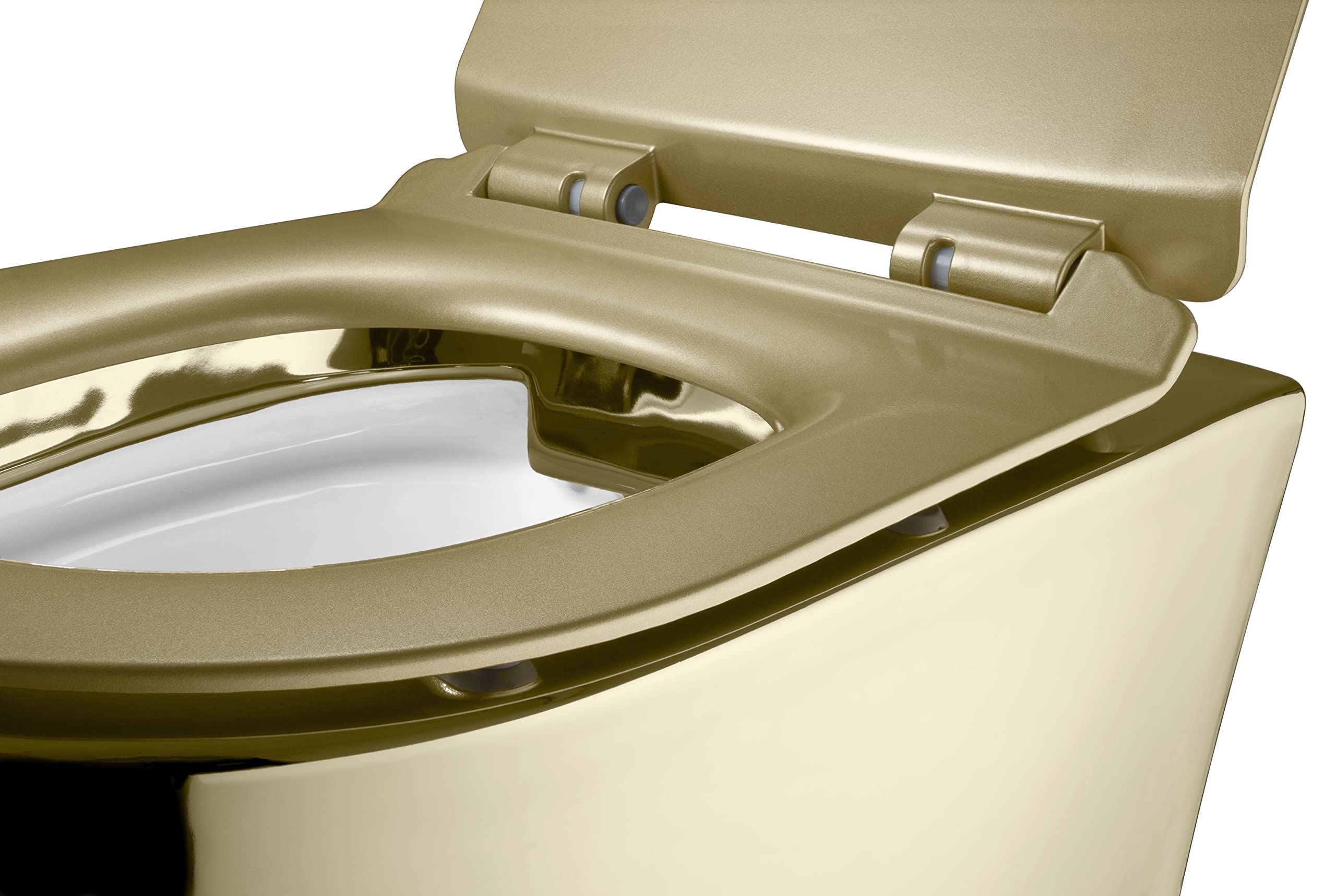 Ensemble WC Suspendu Doré Brillant - Cuvette Céramique avec Siège Softclose | Toilette murale sans bride à intérieur blanc et frein de chute. Design de luxe exclusif pour votre salle de bain moderne.