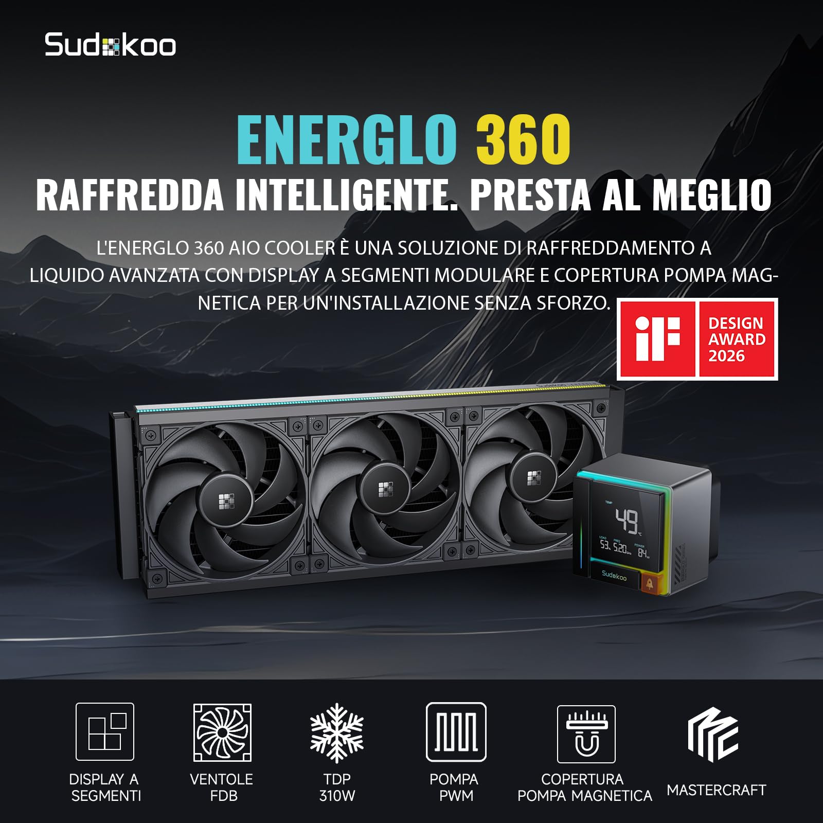 Sudokoo ENERGLO 360 Dissipatore Liquido 360mm: AIO 360mm con Schermo LCD a Segmenti - Raffreddamento Liquido PC con Tre Ventole PWM FDB & Pompa 2500-3400 PWM, Intel LGA1851/1700/1200/115X AMD AM5/AM4