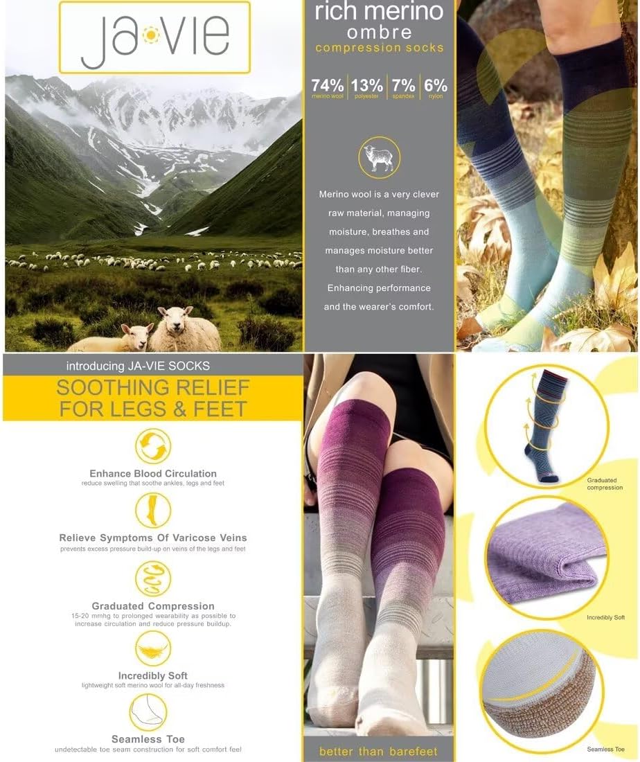 ja vie 74% Merino Wool Compression Socks for Men & Women (15-20mmHg), Ombre Knee-High Socks Seamless Toe for Travel - Image 6