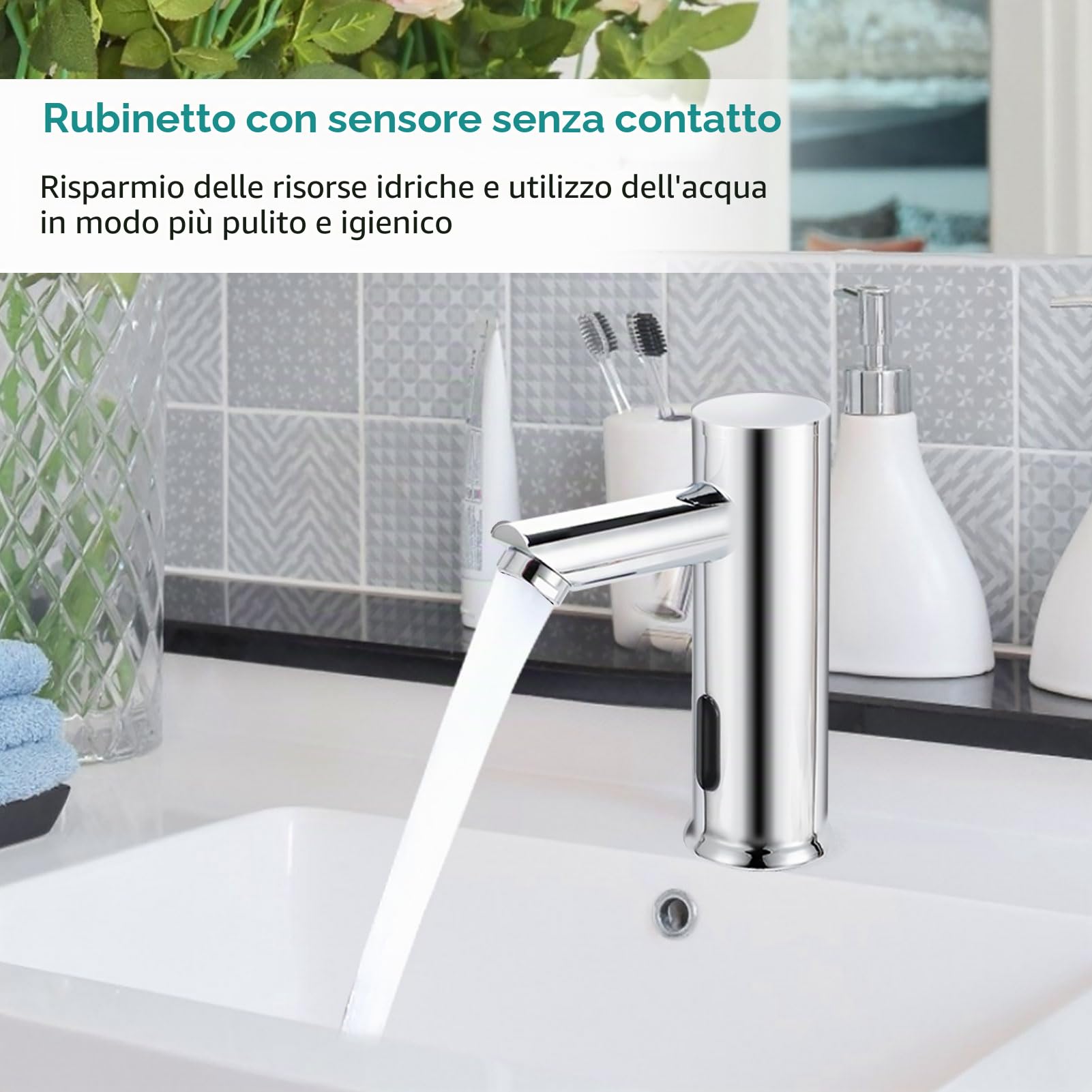 Gugxiom Rubinetto da Bagno Senza Contatto, Sensore Automatico Lavandino Mani Libere, Ottone Massiccio 1 Foro, per Cucine e Servizi Igienici