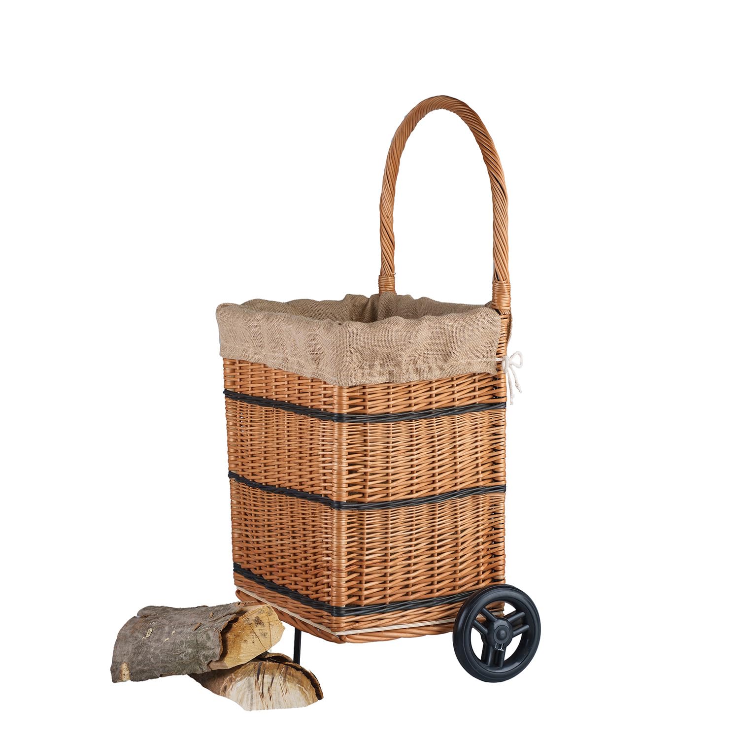 Cestino per legna da ardere in salice, carrello semicircolare solido per camino e stoccaggio, versatile cestino per legna da ardere e shopping, fodera in iuta resistente