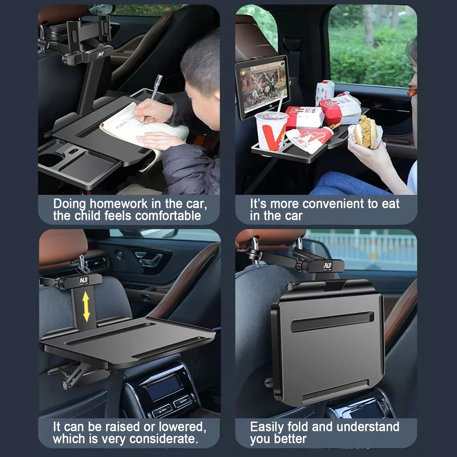 Tavolino Regolabile per Sedile Posteriore Auto, Vassoio per Cibo per Auto per Mangiare Passeggero Roadtrip Organizzatore per Sedile Posteriore Passatempo/Lavoro/Scrivania da Pranzo