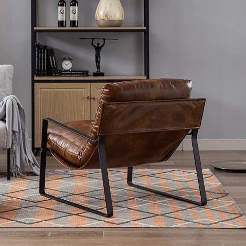 Miniatura 8 de LukeAlon Silla decorativa moderna de piel sintética PU, silla tapizada suave para sala de estar con marco de metal negro, cojín engrosado, silla