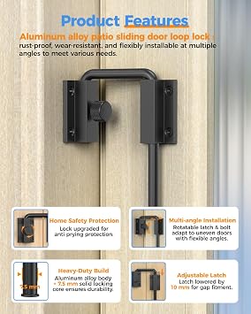 Updated U Patio Sliding Door Loop Lock Latch, Black-4 PCS
