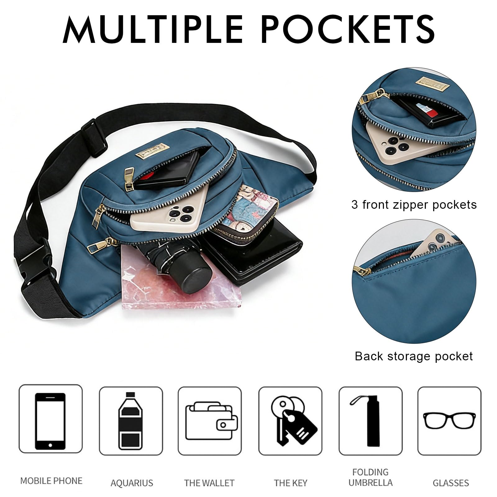 ADUDVLO Bumbags for Ladies Women Men Lightweight Adjustable Bum Bag Fanny Pack with 4 Zipper Pockets,Fashionable Waist Pack for Travel, Running, Hiking, Cycling (Black) — view 32