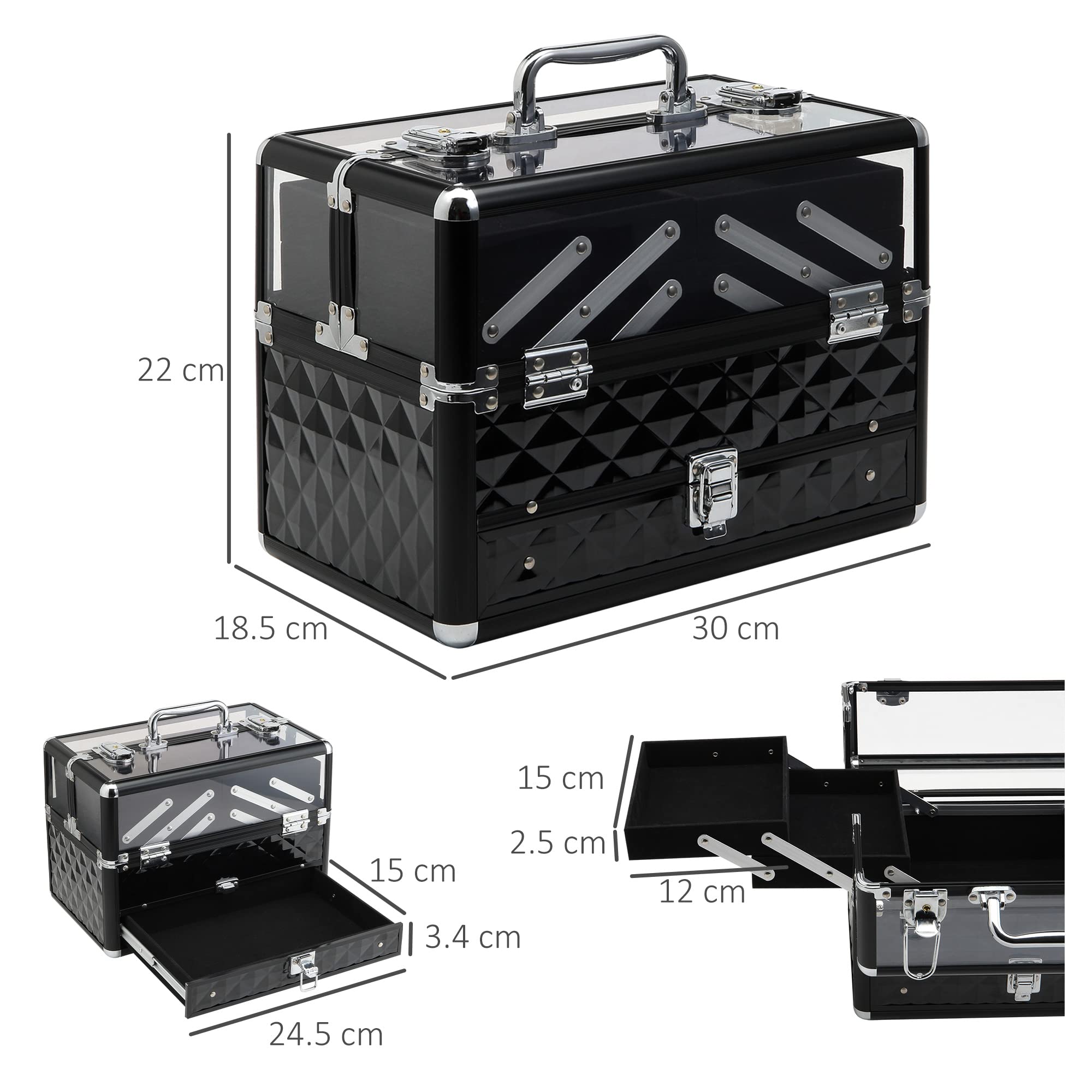 HOMCOM Valigetta Porta Trucchi Professionale da Viaggio con Serratura, Nero | Valigetta Trucchi con Vassoi Estraibili, per Makeup Beauty Case Donna, 30x18.5x22 cm