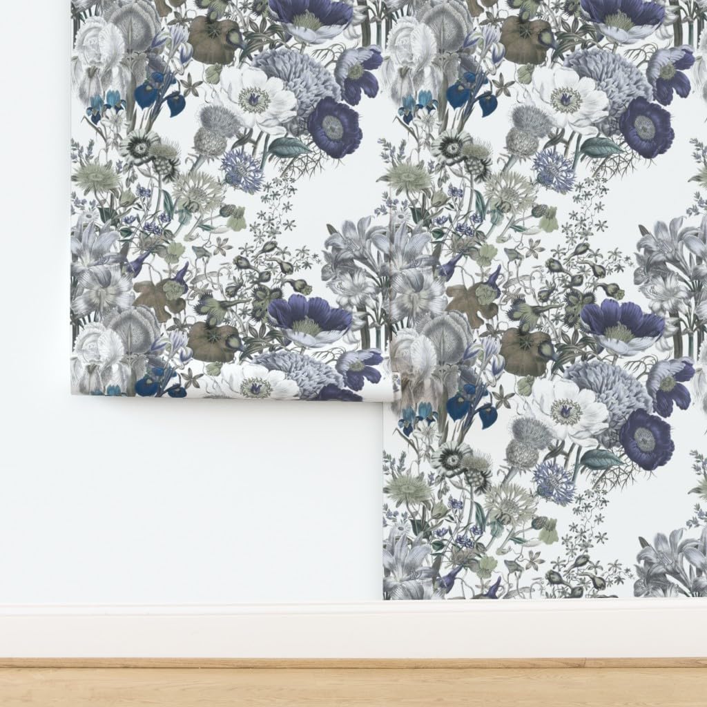 Removable Wallpaper 9ft x 2ft - Green Blue Flowers Brown Floral Grey Graphic Custom Pre-Pasted Wallpaper by Spoonflower