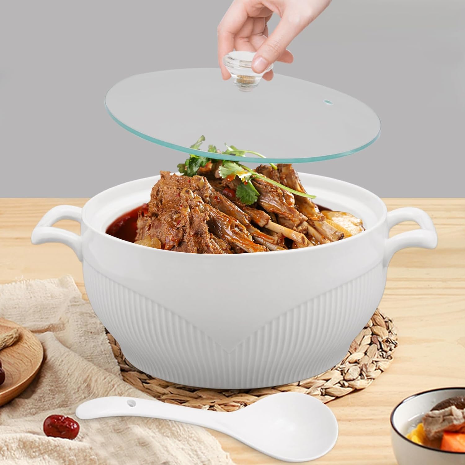 Ceramic Soup Tureen with Glass Lid & Ladle, 0.4 gal Porcelain Serving Bowl for Soup Stew, White Round Tureen for Home Kitchen Decor, 7.5 inch