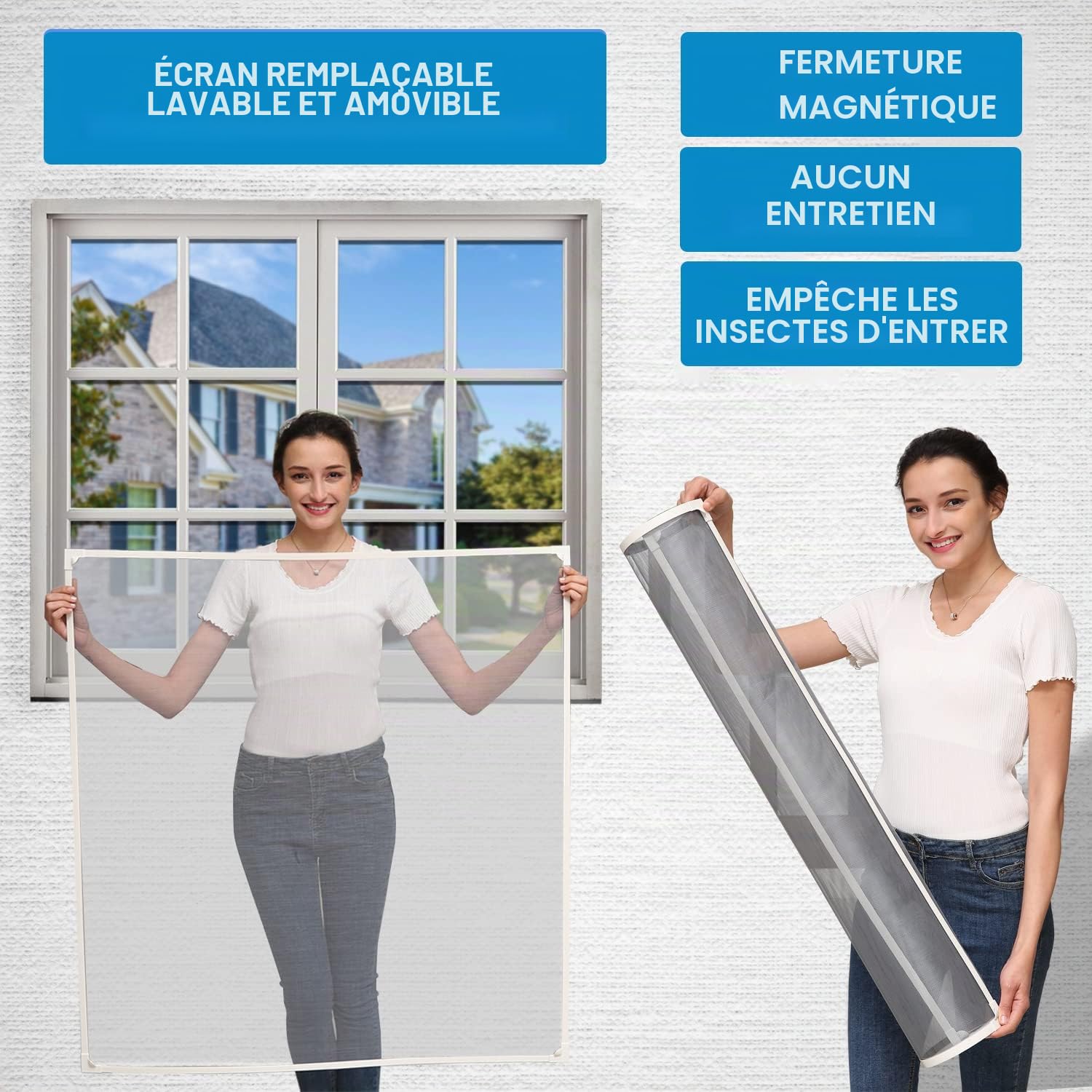 NeatiEase Moustiquaire DIY pour fenêtre magnétique, max. 100 x 120 cm, cadre magnétique pour moustiquaire, fenêtre, moustiquaire, lavable, blanc, pas besoin de poinçonnage, ignifugé et étanche