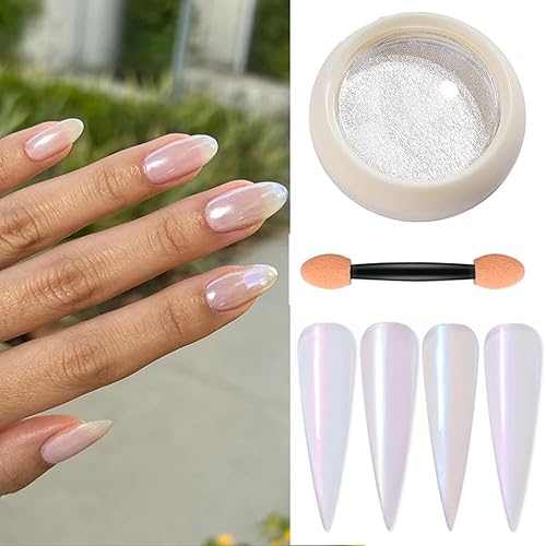 GoLashFun Polvo de uñas cromado y perla blanca,Aurora Nail Mermaid Powder Daily Charm,Polvo de efecto espejo mágico para uñas, decoración de salón