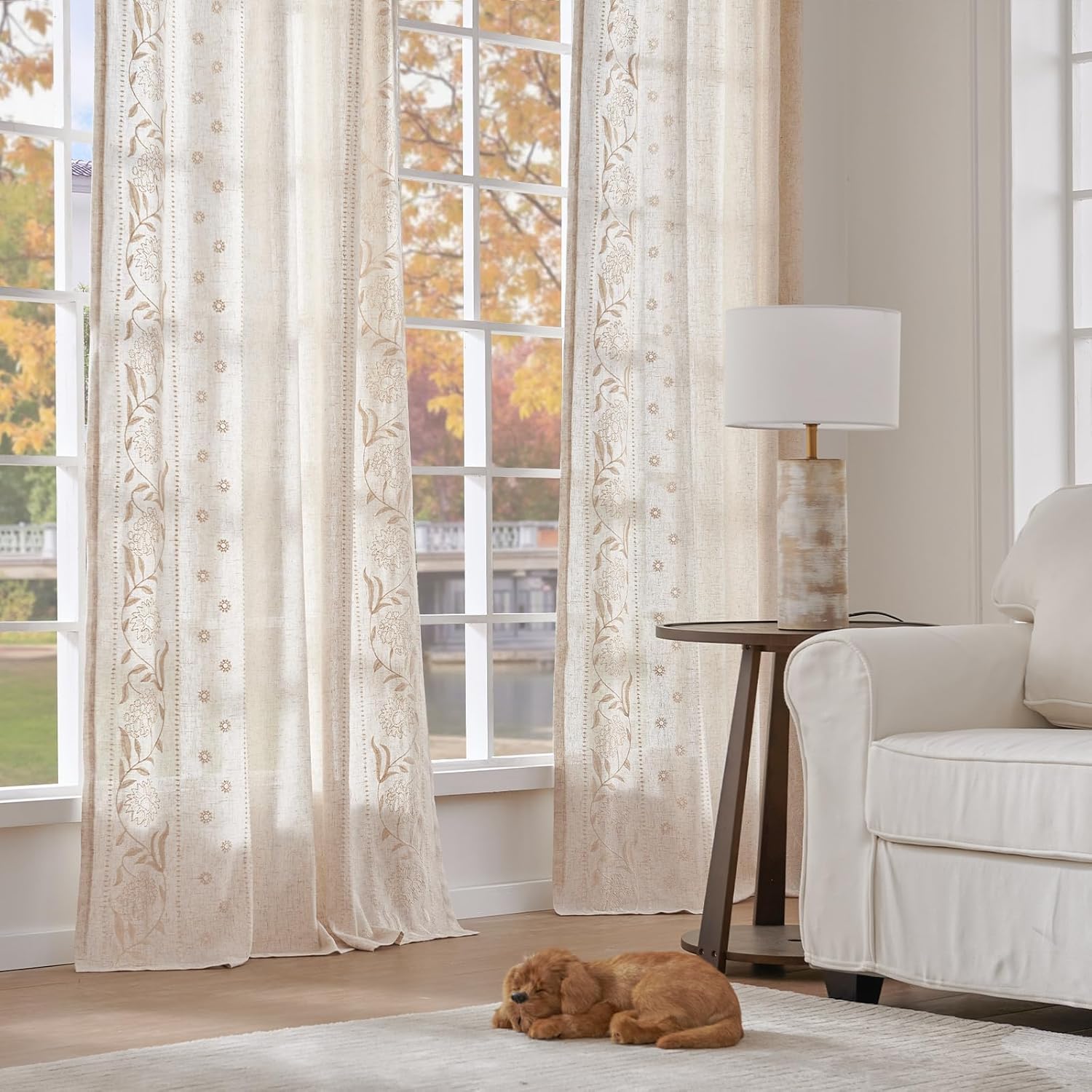 Lazzzy Linen Curtains for Living Room Bedroom 63 Inches Length Embroidered Floral Curtains Farmhouse Rod Pocket Drapes Light Filtering Window Treatments Ivory on Beige 2 Panels Set