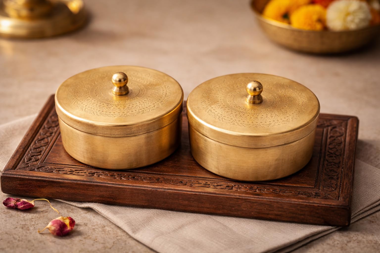 MOJO JOJO Brass Storage Container Box with Lid – Multipurpose Dry Fruit & Pooja Item Storage for Home, Mandir & Festive Use (Set of 2)-picture-18