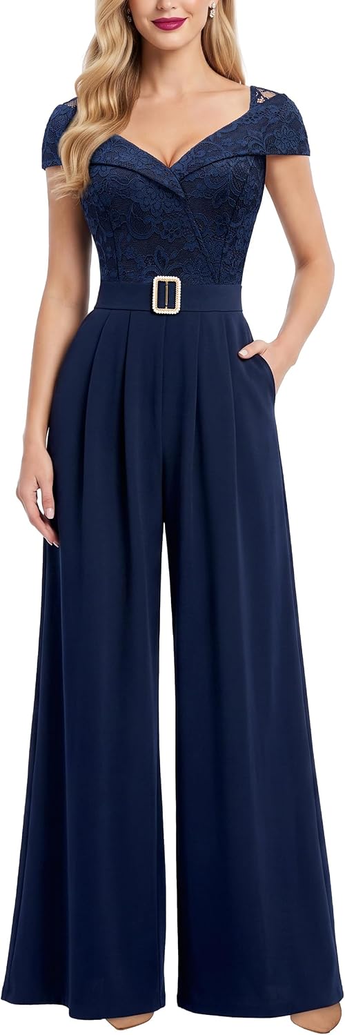 Miusol Women's Deep V-Neck Sleeveless Lace Casual Jumpsuit With Pockets