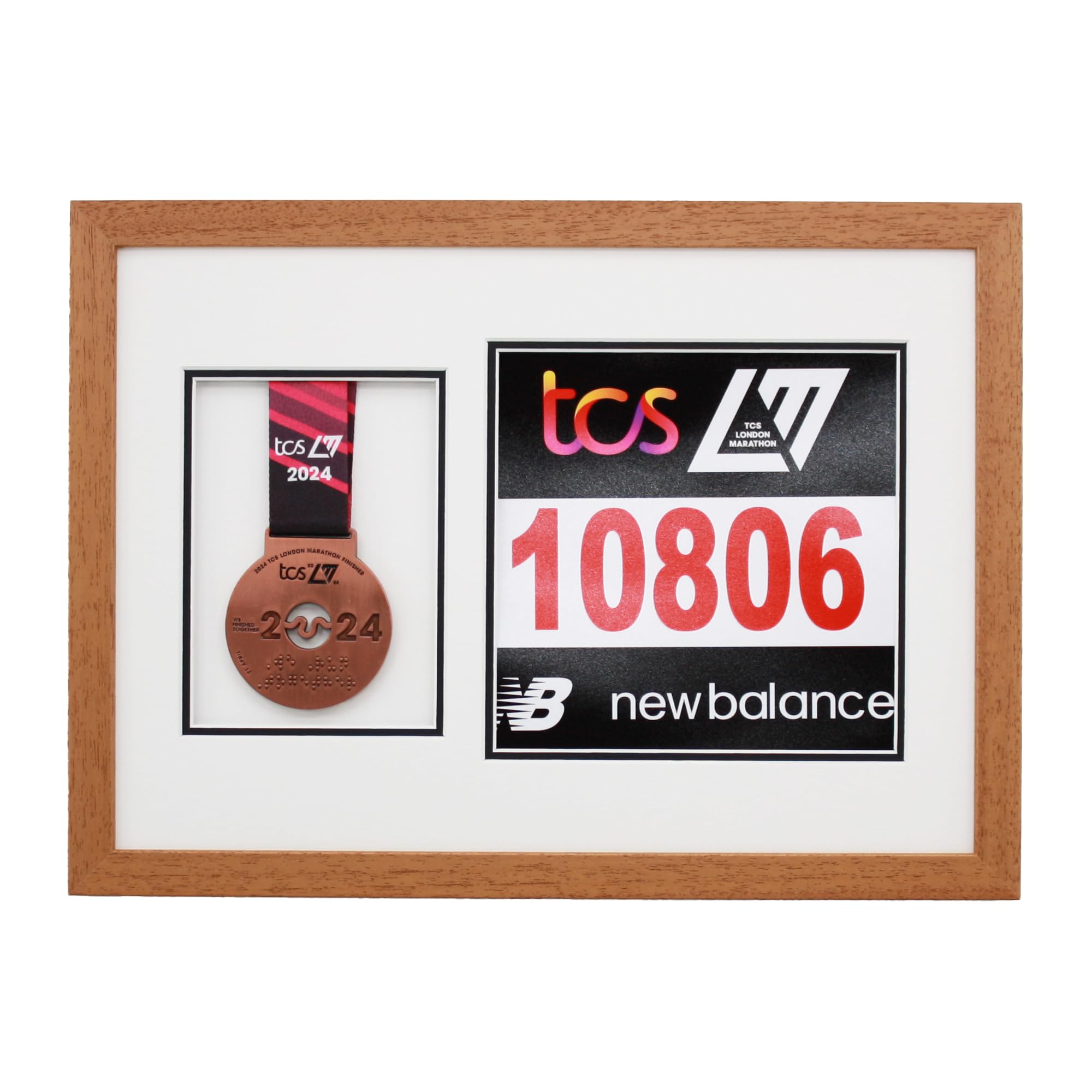 Marathon Medal Display Frame. Designed to showcase a running medal and a 20x20cm sized race number (Oak Frame - Double Mount)