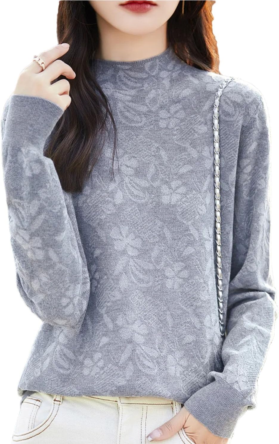 Women's Chinese Style Thin Wool Lace Mock Neck Sweater Fashion Floral Loose Long Sleeve Knitted Pullover Jumper