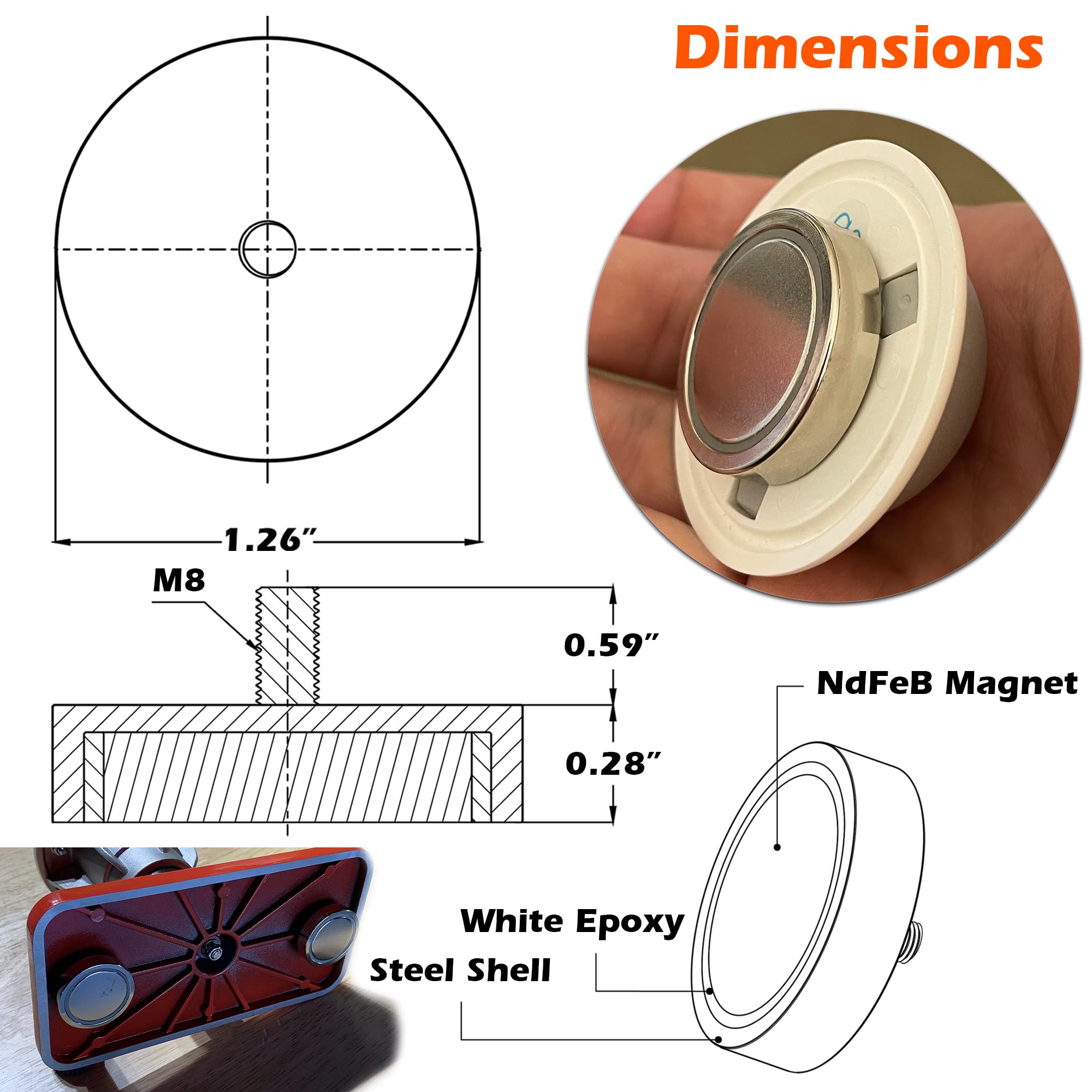 ULIBERMAGNET 4Pack Pot Magnets,Strong Neodymium Round Magnet with M8 Male Thread, Powerful Magnetic Removable Mounting for Lighting,Tools, Equipment with Bolt — Amazon image 2