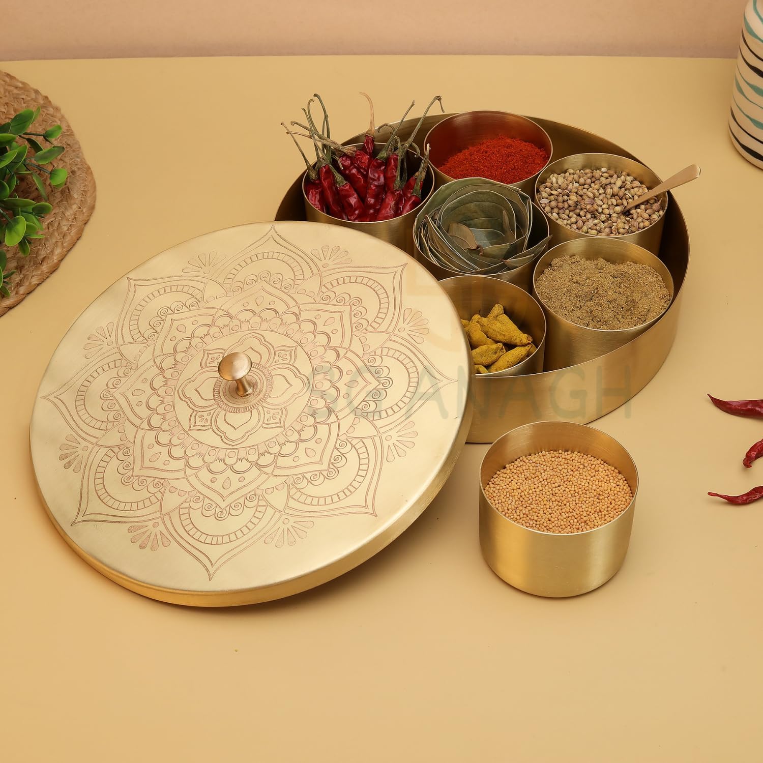 Brass Round Spice Box Masala Dabba-Spice Box Set With Spoon Container 90 ML Indian Masaladanni for Kitchen Counter With Spoon (Floral, 7 Inch)