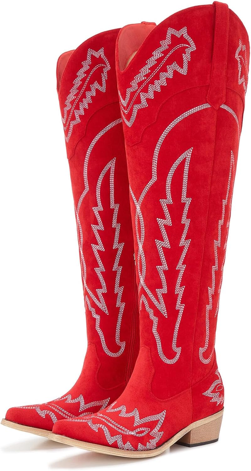 Women’s Wide Calf Plus Size Over the Knee Western Cowboy Boots with Side Zipper and White Embroidery, Red Suede Cowgirl Boots with Mid Heel Classic Western Style