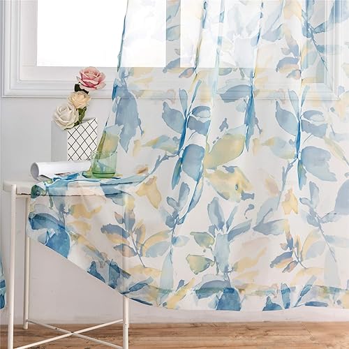 VISIONTEX Cortinas transparentes con estampado de gasa, estilo abstracto europeo, estampado de hojas azules y amarillas, 2 paneles para decoración