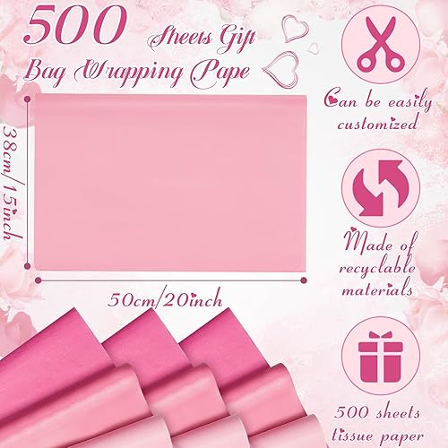 Miniatura 3 de Qilery 500 hojas de papel de seda rosa para el día de San Valentín a granel para bolsas de regalo de 15 x 20 pulgadas, sin ácidos, hojas de papel de