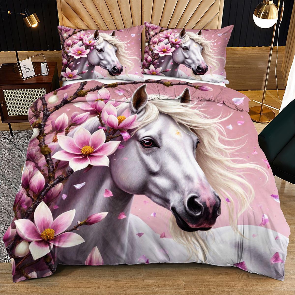 Housse de couette cheval floral 160x200 cm avec ses 2 taies d'oreiller