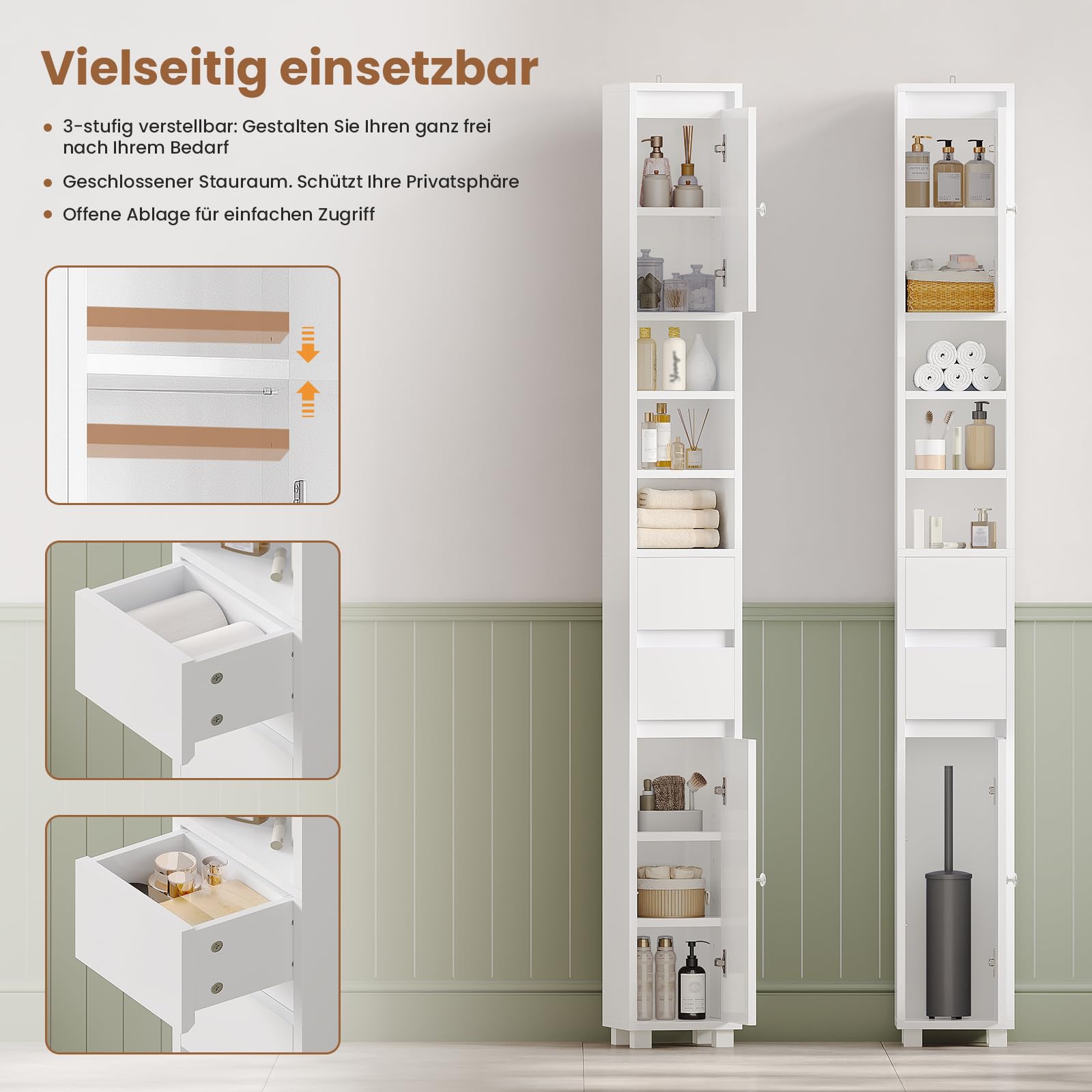 Meuble Colonne de Salle de Bain, Meuble de Rangement avec Étagères Réglables, 2 Tiroirs, Compartiments Ouverts, Armoire Toilette Haute pour Les Petits Espaces, Blanc, 20 x 20 x 180 cm