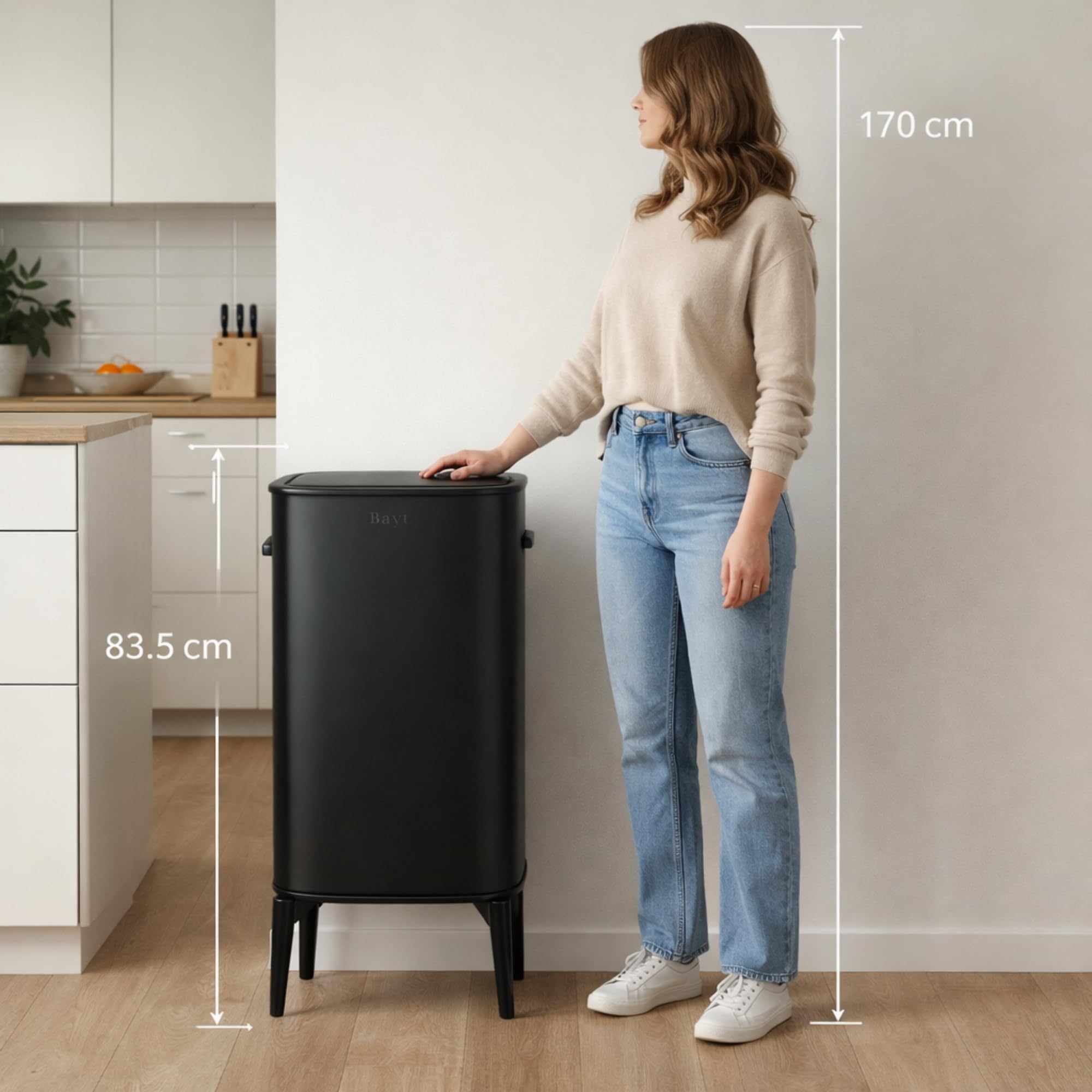 Bayt Abfalleimer mit stabilen Füßen - passend für 60L Müllbeutel - Automatischer Sensor-Mülleimer - Küchenmülleimer - Edelstahl - Schwarz