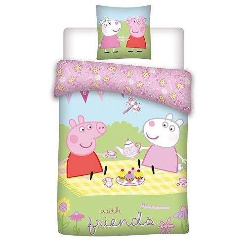 035 Peppa Pig - Biancheria da letto per bambini, biancheria da letto, motivo: Peppa Pig con amici, federa 40 x 60 + biancheria da letto 100 x 135 cm, 100% cotone Oeko-Tex