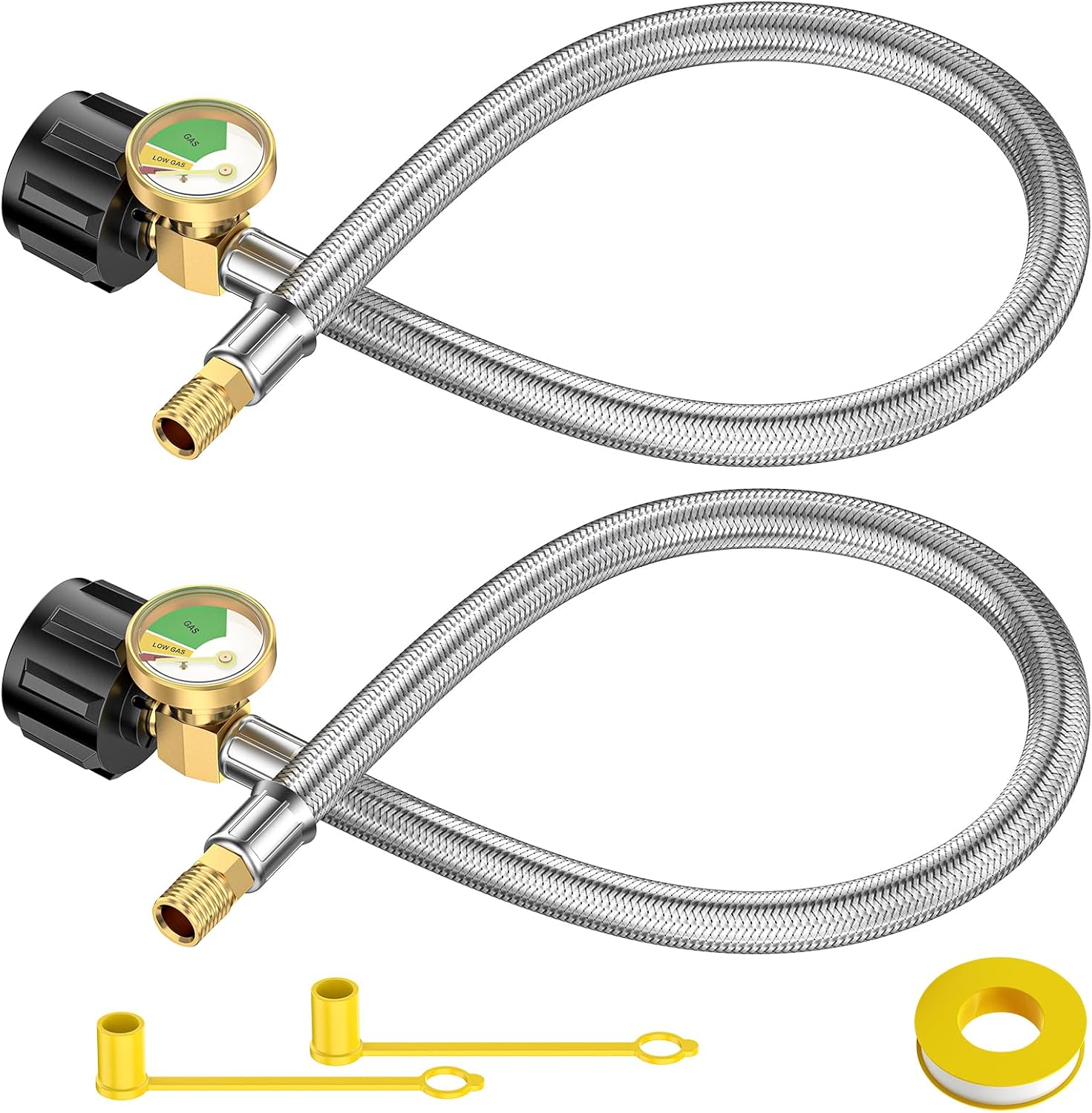 GasXpert 2PCS 15 Inch RV Propane Tank Hose with Gauge, Steel Braided Camper Tank Hose, RV lp Gas Hoses Connector for Two-Stage Regulator, QCC1 to 1/4" Male NPT Adapter (Not Male Inverted)