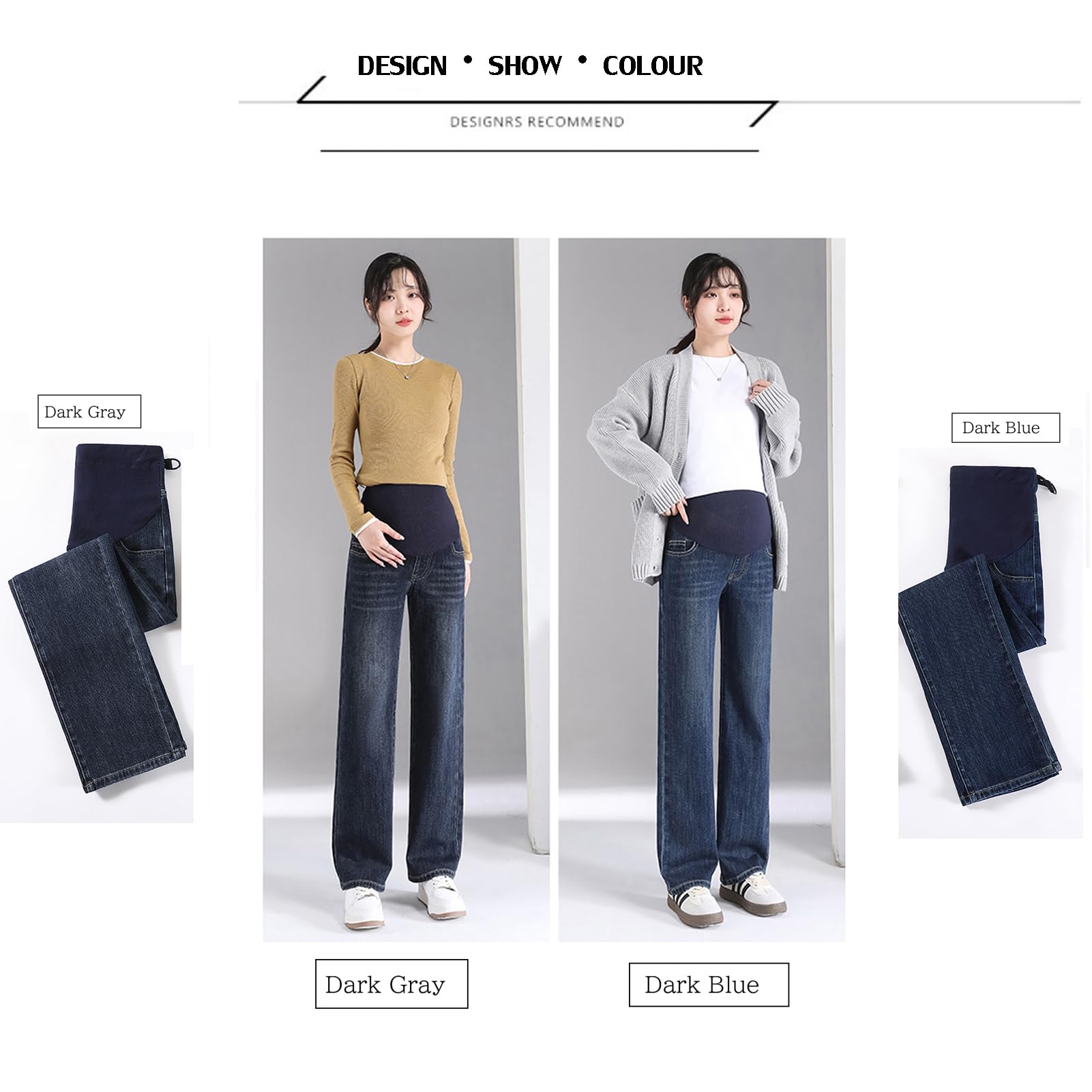 Umstandsjeans, Hose mit weitem Bein, verstellbare Taille, Taschen, modisch und elegant, geeignet für Mädchen unter 170 cm