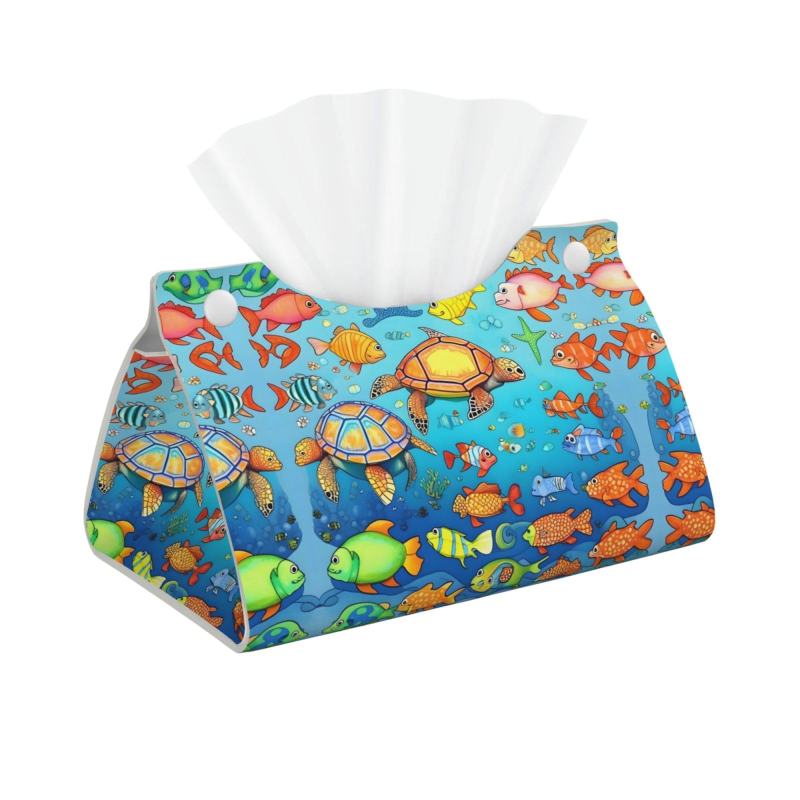 Turtle and Fish Print Long Tissue Box Cover Holder Foldable Leather Organizer for Vanity, Nightstand, Desk & Bathroom