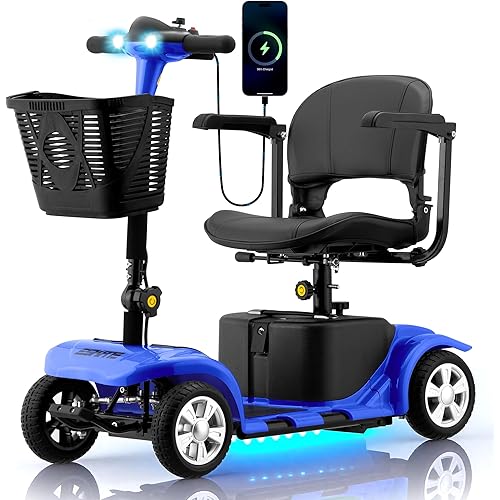 Mobility Scooter for Adults, Senior, 4 Wheels Electric Powered Chargeable Device for Travel, Lightweight Mobility Scooter, with LED Headlights and Basket, Charger Included