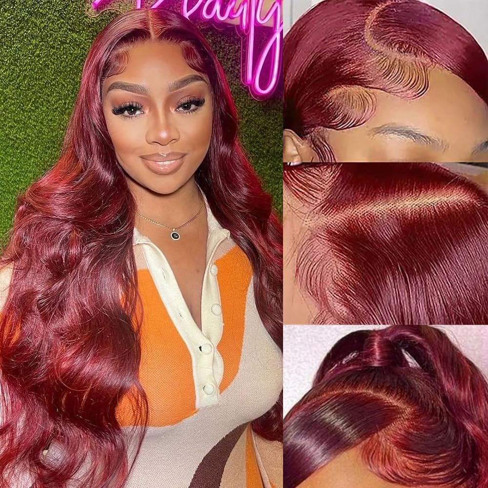 Avolo 99J Burgundy Lace Front Wigs Human Hair Pre Plucked 13x4 Red Colored Body Wave 180 Percent Density HD Frontal 22 Inch