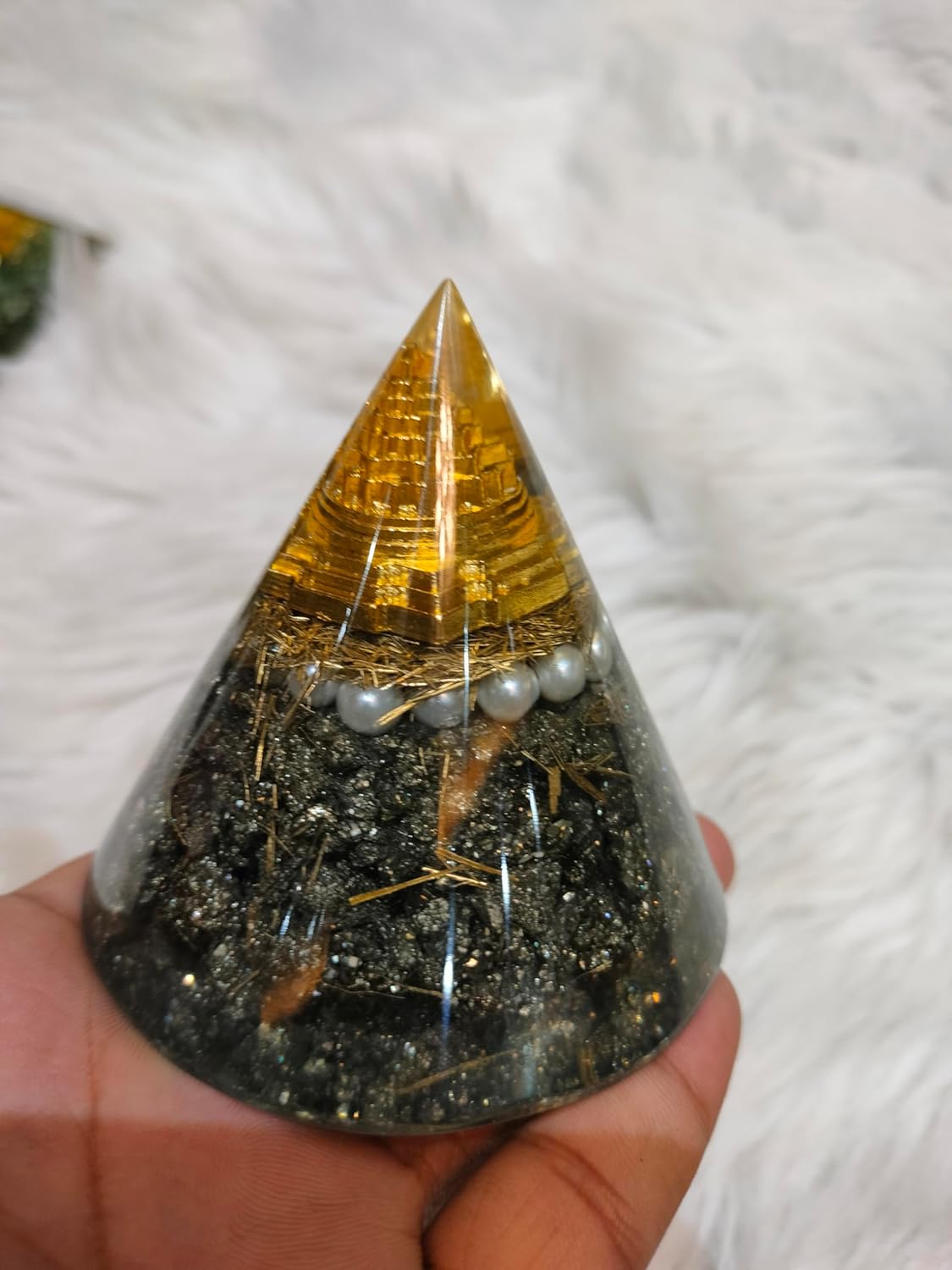 Golden Pyrite Peru Orgonite Pyramid – Energy Healing & Wealth | Handmade Orgone Pyramid for Protection, Success & Positive Energy