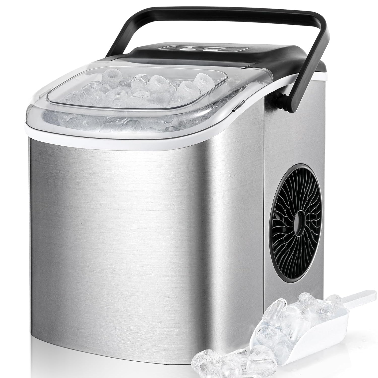 Macchina Ghiaccio, Macchina Ghiaccio Casa 12kg/24h, 9 Cubetti di Ghiaccio in 6 Minuti, 2 Dimensioni di Ghiaccio, Macchina del Ghiaccio Autopulizia, Macchina per il Ghiaccio con Maniglia/Cestello/Pala