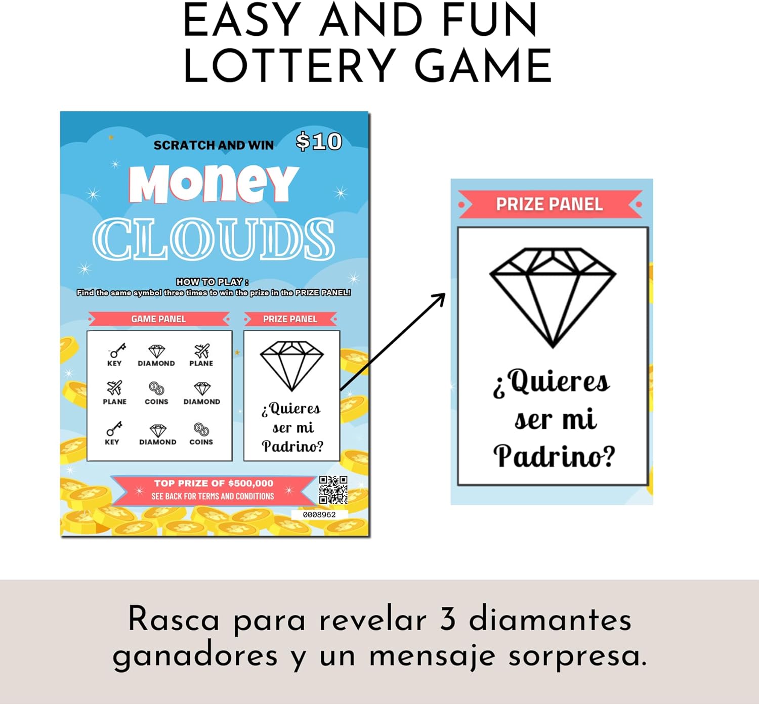 Quieres Ser Mi Padrino, Lottery Scratch Card, Spanish Godfather Proposal Card, Will You Be My Godfather Card for Bautizo, Baptism, Christening - Image 3